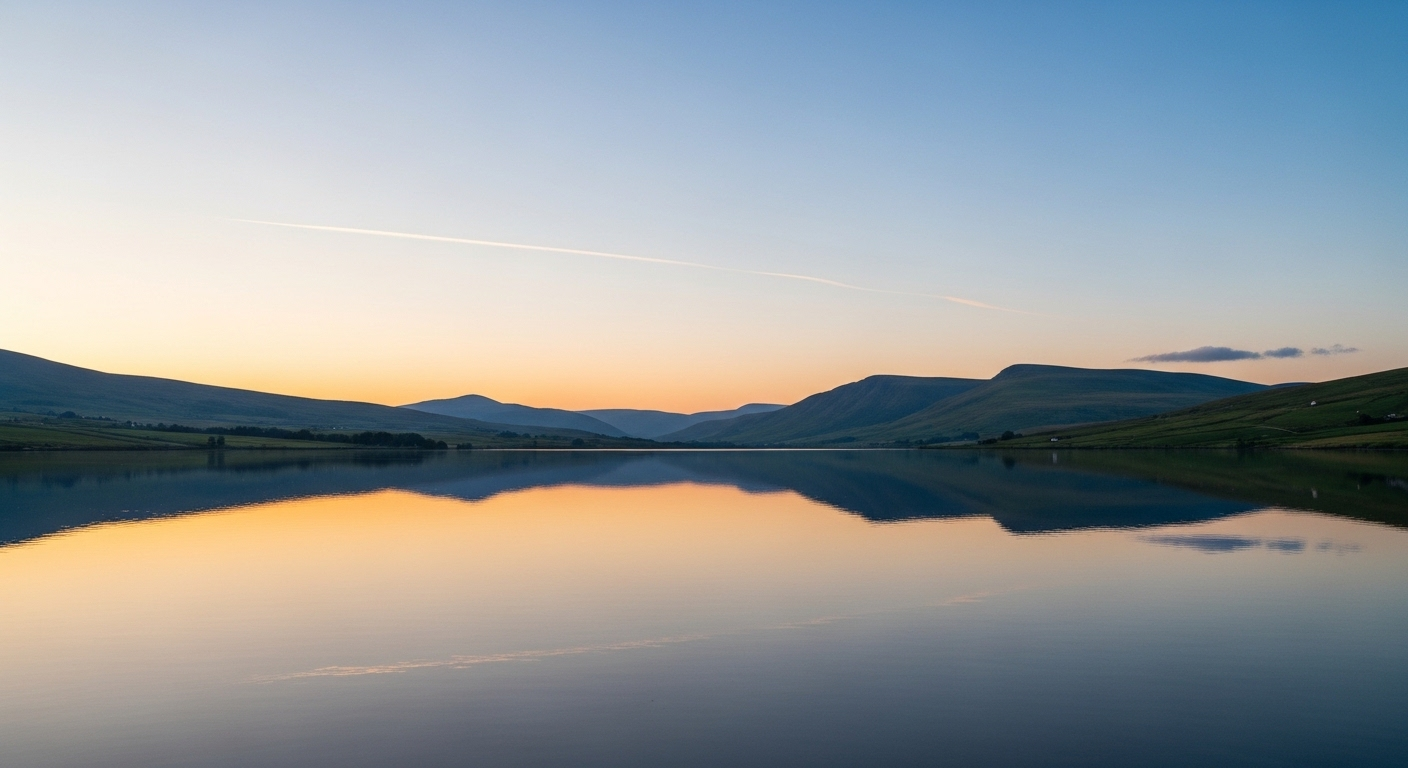Phong cảnh hoàng hôn thanh bình với mặt nước tĩnh lặng phản chiếu đồi xanh và bầu trời, mang lại sự an yên giúp bảo vệ trái tim khỏi ưu phiền.