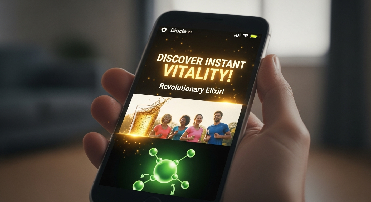 Bàn tay cầm điện thoại hiển thị quảng cáo trực tuyến cường điệu cho thuốc gia truyền giả, với văn bản phát sáng và hình ảnh vui vẻ.