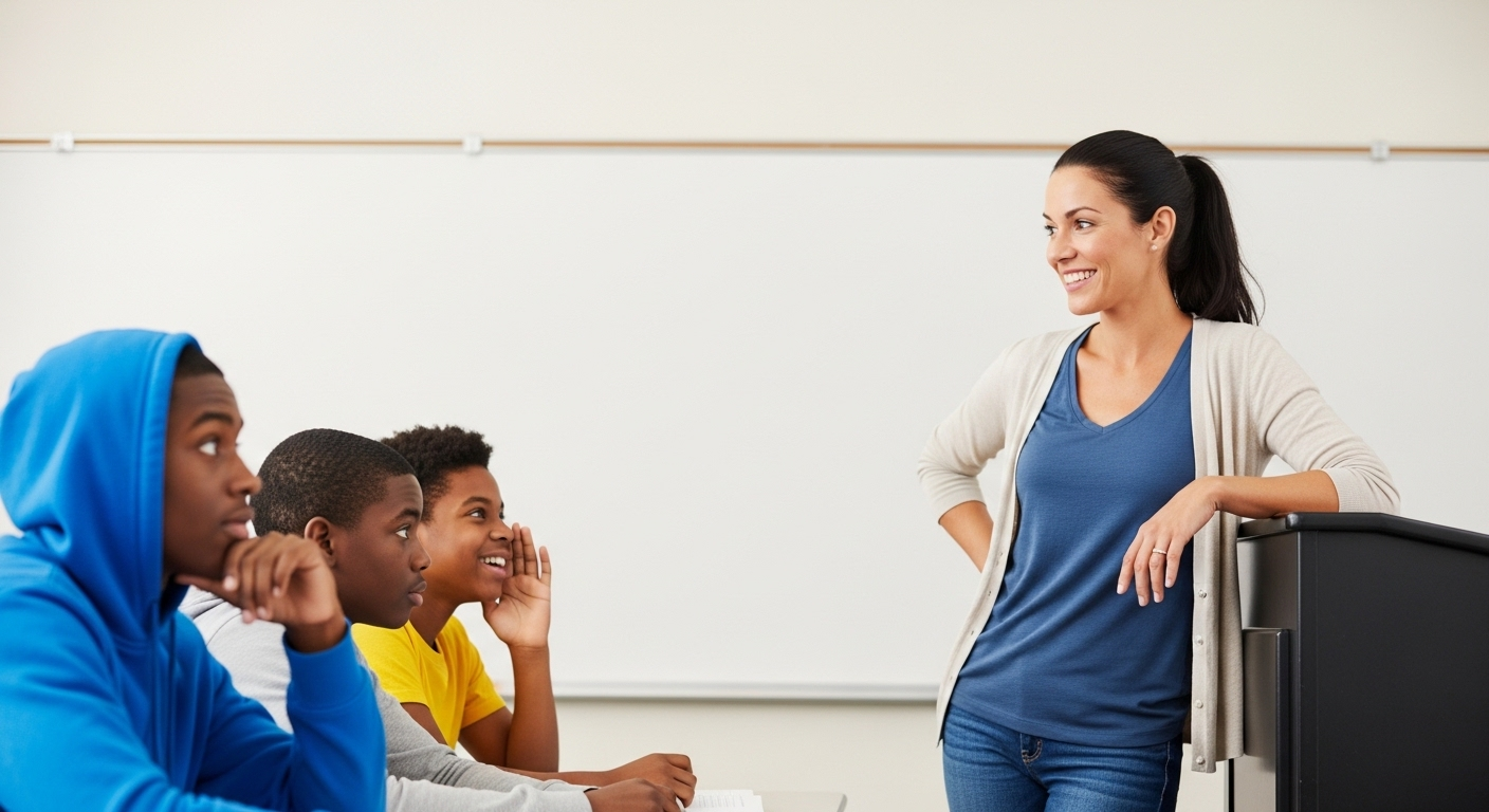 Học sinh đa dạng trong lớp học hiện đại, sáng sủa đang tập trung tìm hiểu, thảo luận về các vấn đề xã hội hoặc những thử thách như thử thách ngất xỉu được trình chiếu trên màn hình lớn.