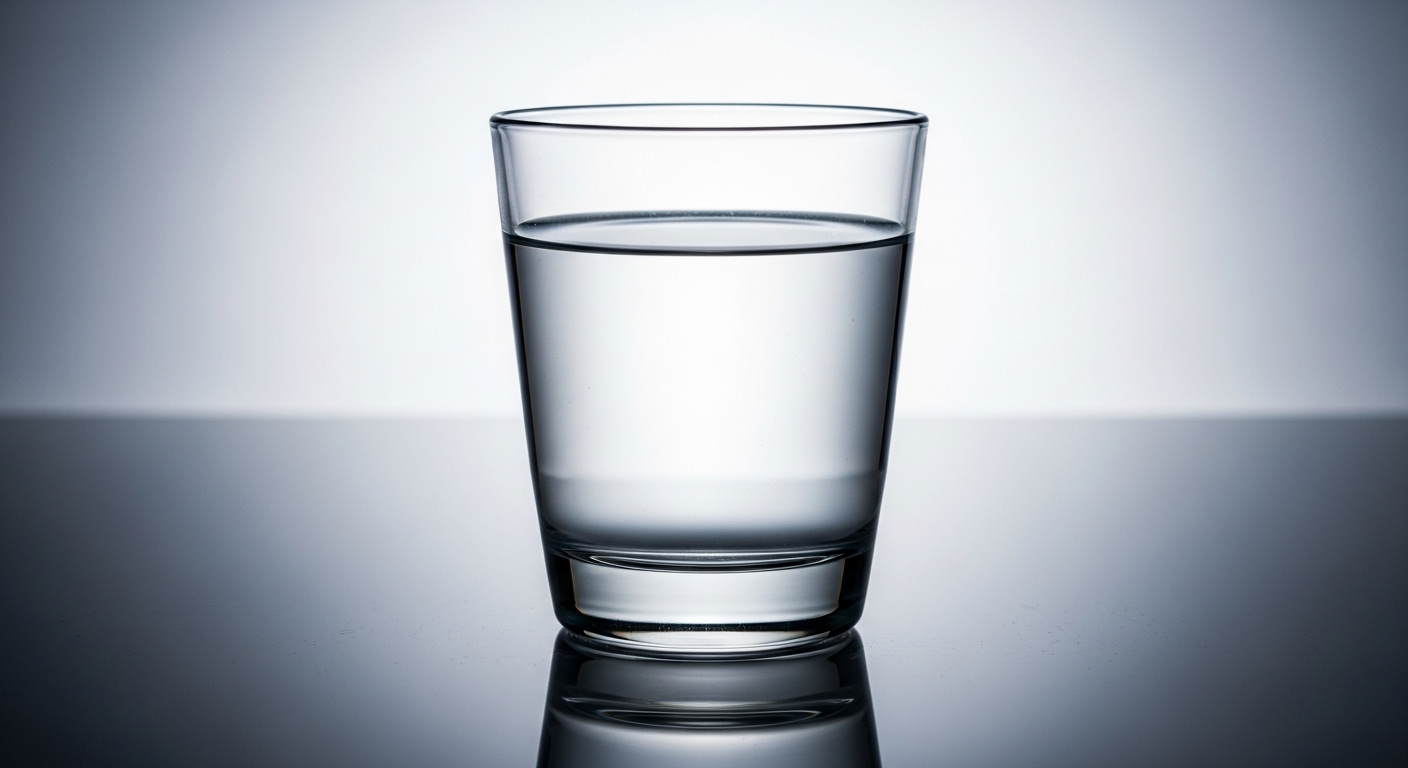 Cốc nước tinh khiết trong vắt trên bề mặt phản chiếu, gợi nhắc tầm quan trọng của việc uống đủ nước cho thận khỏe mạnh, đặc biệt khi cân nhắc việc ăn nhiều protein hại thận.