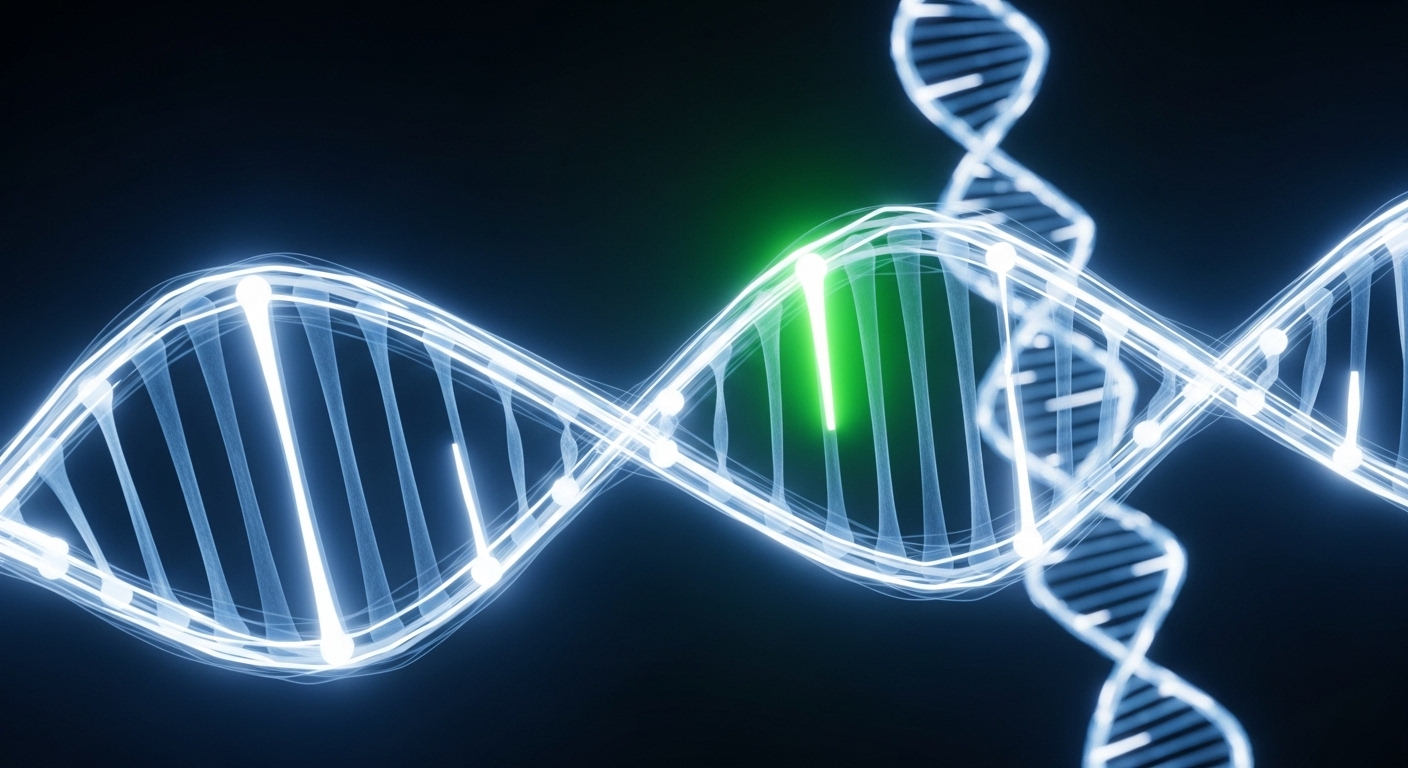 Hình ảnh trừu tượng chuỗi xoắn kép DNA phát sáng màu xanh lam và trắng, với một đoạn xanh lục nổi bật biểu thị biến đổi cấu trúc gen, tiềm ẩn mối liên hệ với Hội chứng lão hóa sớm.