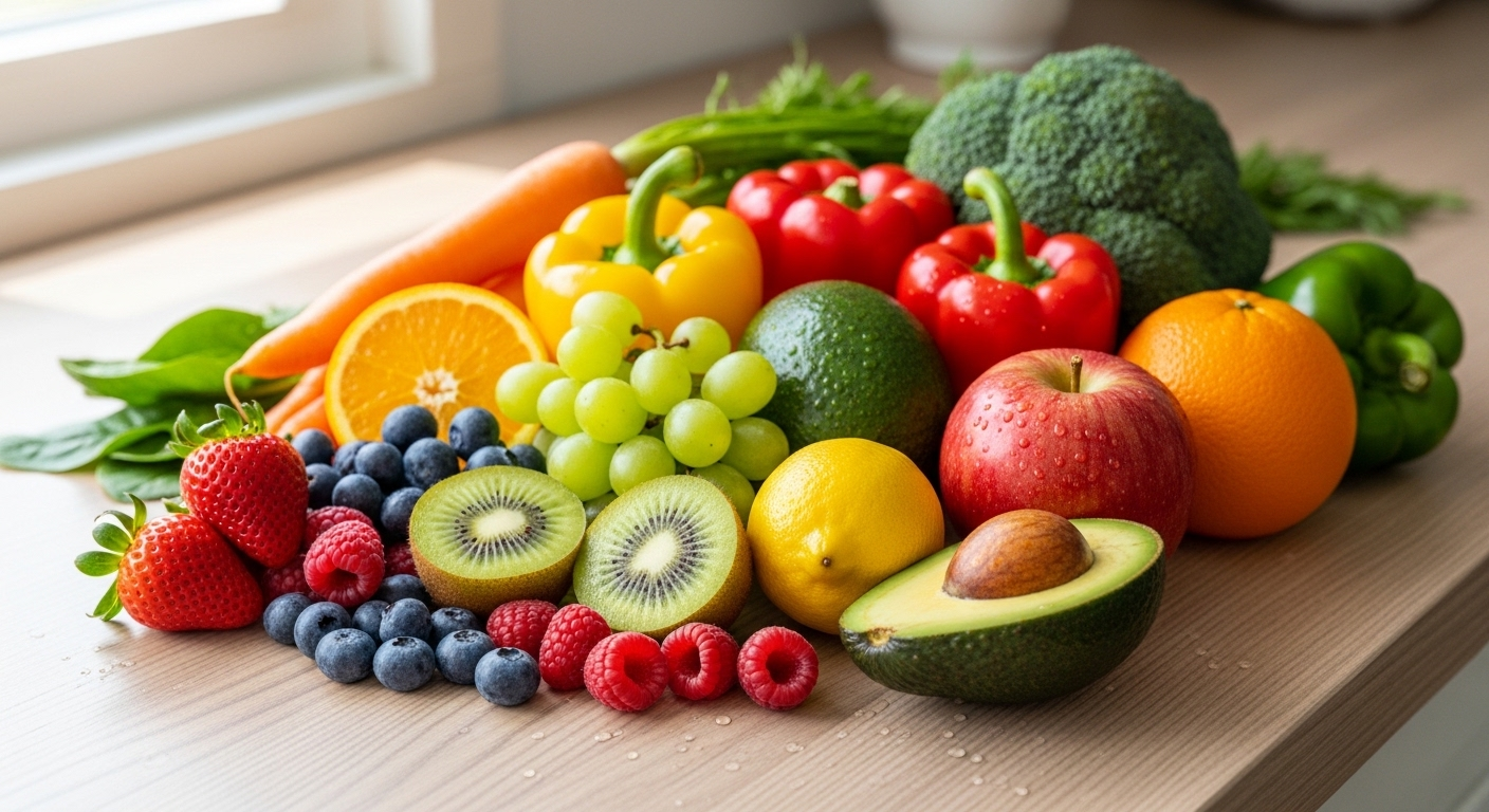 Trái cây và rau củ tươi ngon, đầy màu sắc trên bàn gỗ, minh họa dinh dưỡng lành mạnh. Nền tảng cho sức khỏe tổng thể, một yếu tố quan trọng khi cân nhắc tiêm HPV cho nam giới.