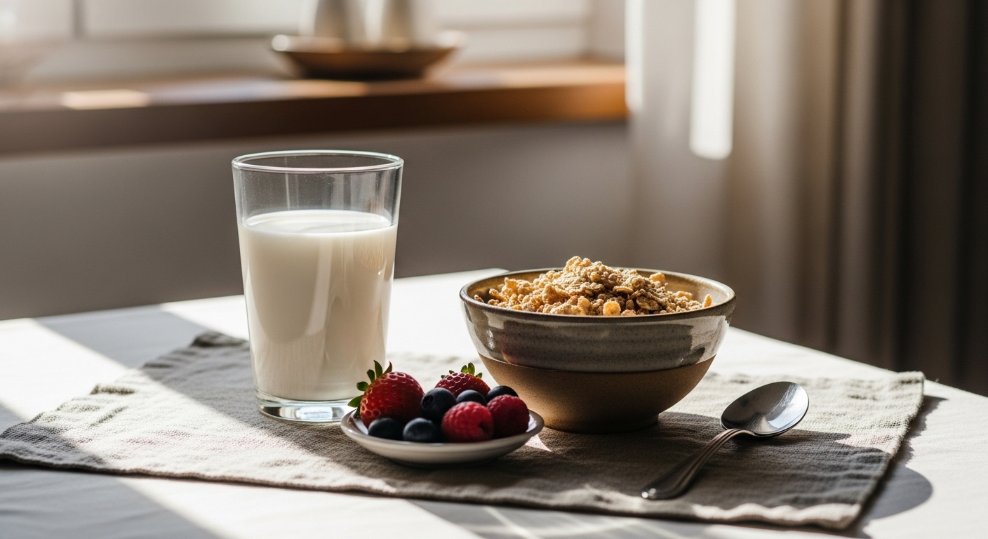 Bữa sáng thanh bình với ly sữa dinh dưỡng chuyên biệt, ngũ cốc nguyên hạt và quả mọng. Gợi ý về sữa bột dành cho người tiểu đường loại nào tốt cho sức khỏe mỗi ngày.