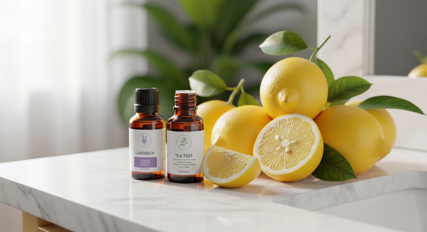 Hai chai tinh dầu hổ phách và chanh tươi trên bàn đá cẩm thạch trắng. Các nguyên liệu tự nhiên này là giải pháp tuyệt vời để vệ sinh, bao gồm cách làm sạch bồn cầu bị ố vàng, mang lại không gian sạch sẽ và thơm mát. Hai chai tinh dầu hổ phách và chanh tươi trên bàn đá cẩm thạch trắng. Các nguyên liệu tự nhiên này là giải pháp tuyệt vời để vệ sinh, bao gồm cách làm sạch bồn cầu bị ố vàng, mang lại không gian sạch sẽ và thơm mát.