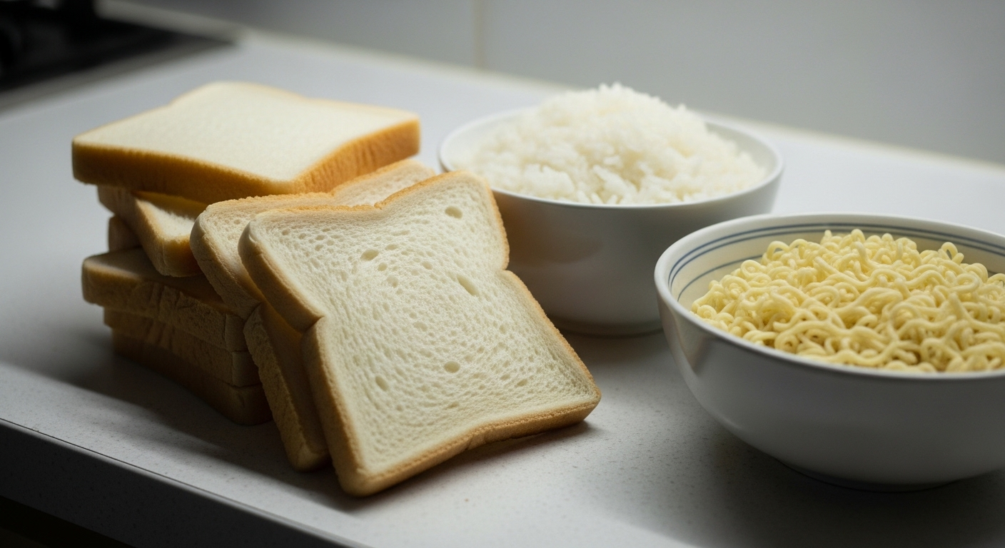 Bánh mì trắng, cơm trắng và mì gói trên bàn bếp, là những thực phẩm người tiểu đường nên kiêng vì chứa nhiều tinh bột tinh chế.