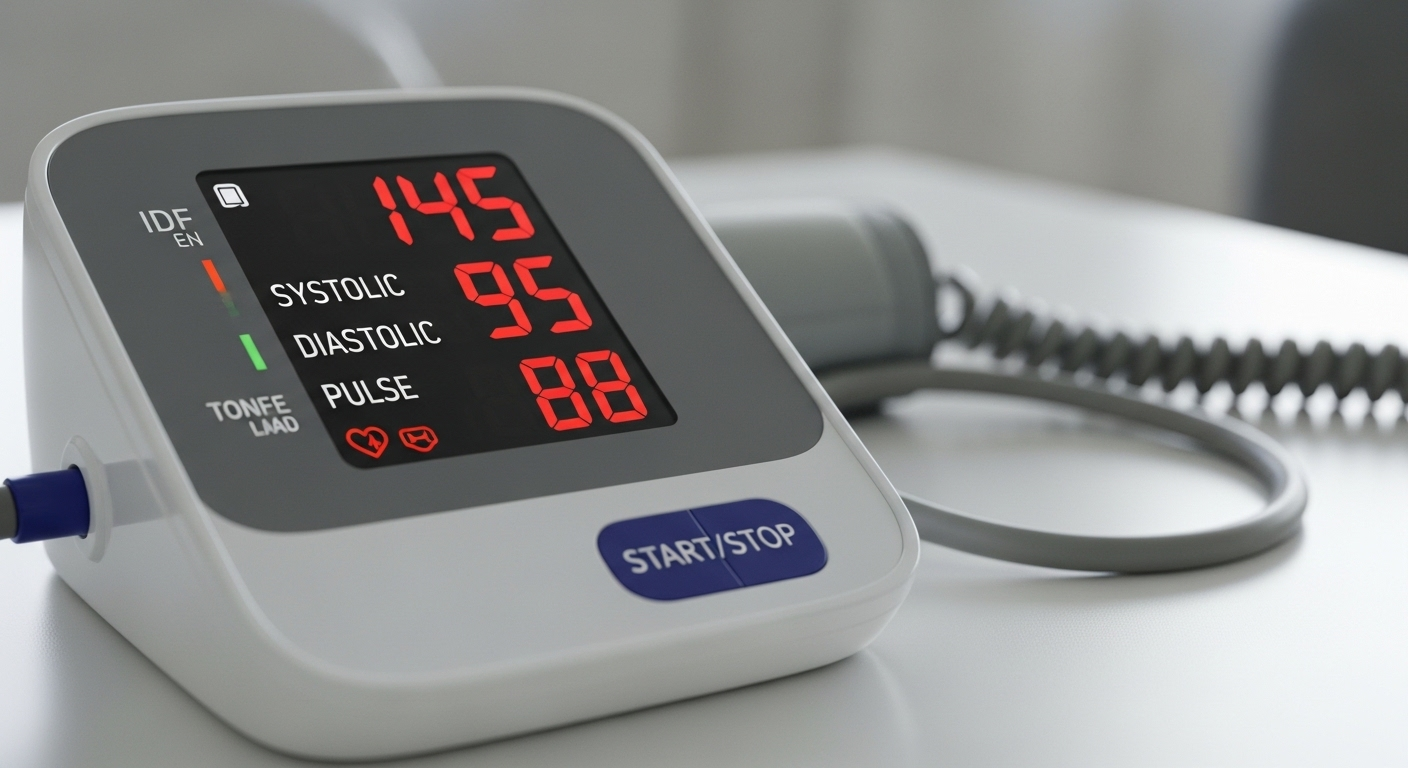 Máy đo huyết áp kỹ thuật số hiển thị chỉ số cao, cảnh báo nguy cơ huyết áp tăng do thói quen ăn nhiều muối.