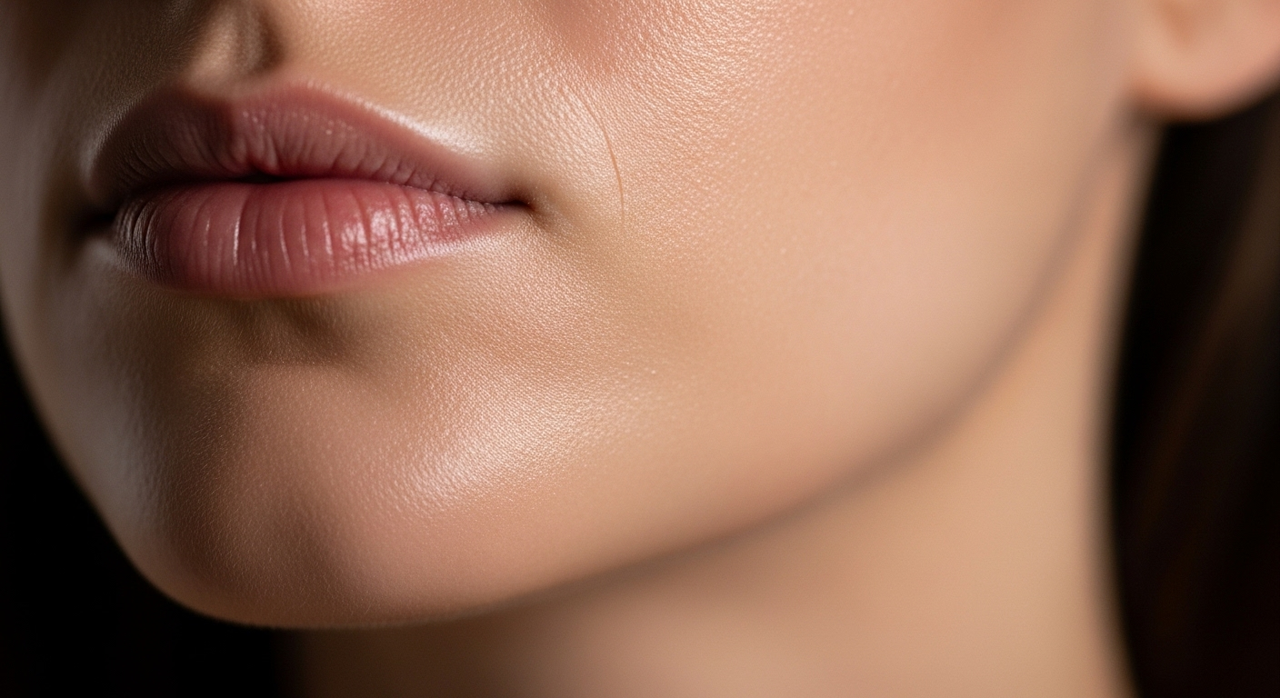 Cận cảnh làn da mịn màng, săn chắc, đều màu và căng mọng ở má và quai hàm, với đường viền hàm rõ nét, thể hiện hiệu quả của phương pháp nâng cơ không xâm lấn.
