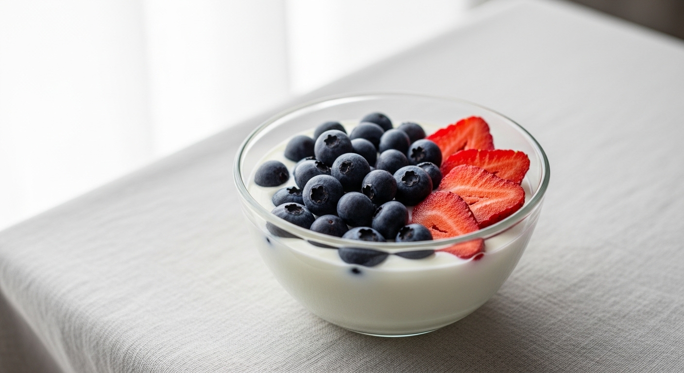 Bát sữa chua nguyên chất kèm việt quất, dâu tây tươi - thực phẩm giảm mụn ẩn giàu dưỡng chất.