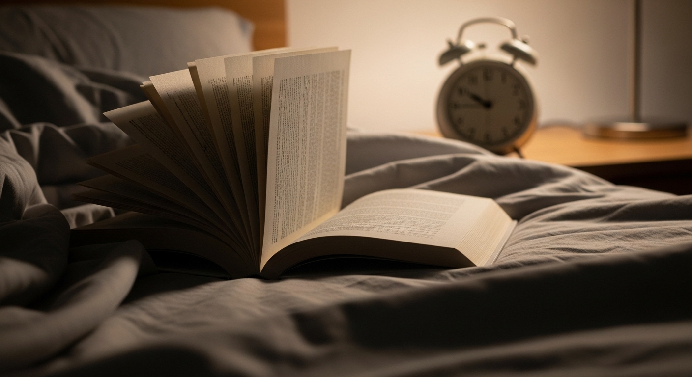 Phòng ngủ yên tĩnh với sách mở trên chăn êm ái, đồng hồ chỉ giờ khuya. Khung cảnh này hỗ trợ cho Cách ngủ ngon sau khi uống cà phê.
