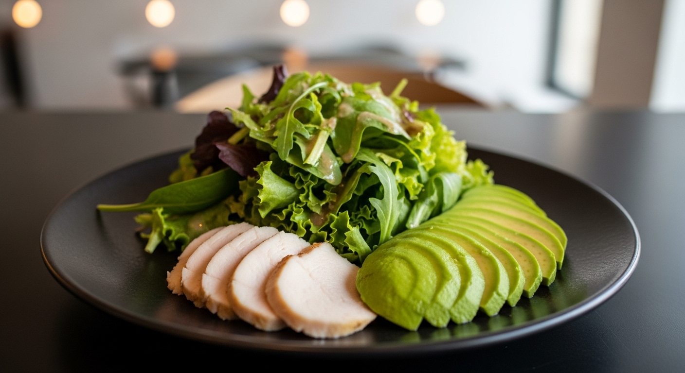 Bữa ăn duy nhất lành mạnh với gà nướng, salad tươi và bơ, lý tưởng cho chế độ ăn OMAD.