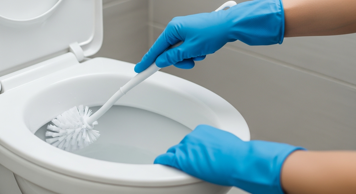 Đôi tay đeo găng cao su xanh dùng bàn chải chuyên dụng cọ rửa, vệ sinh bồn cầu sứ trắng sạch sẽ.