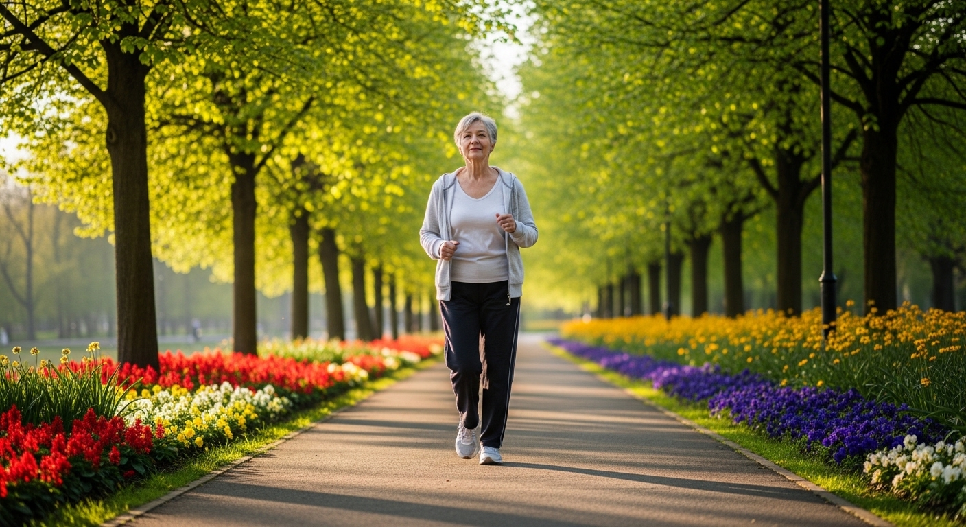 Người lớn tuổi đi bộ nhanh trên đường công viên xanh mát, ngập tràn hoa dưới ánh nắng. Lối sống năng động này rất quan trọng để duy trì sức khỏe tổng thể và là một phần của cách bảo vệ mắt cho người tiểu đường.