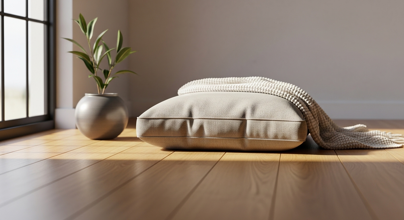 Không gian trong nhà yên bình với ánh sáng ấm, đệm ngồi thoải mái trên sàn gỗ, cây nhỏ và chăn mềm. Nơi lý tưởng để thư giãn sâu và hỗ trợ tinh thần cho người mắc lạc nội mạc tử cung.