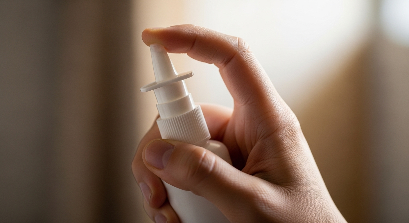 Cận cảnh tay dùng bình xịt nước muối sinh lý vào mũi, giúp ngăn ngừa hoặc hỗ trợ giảm chảy máu cam.