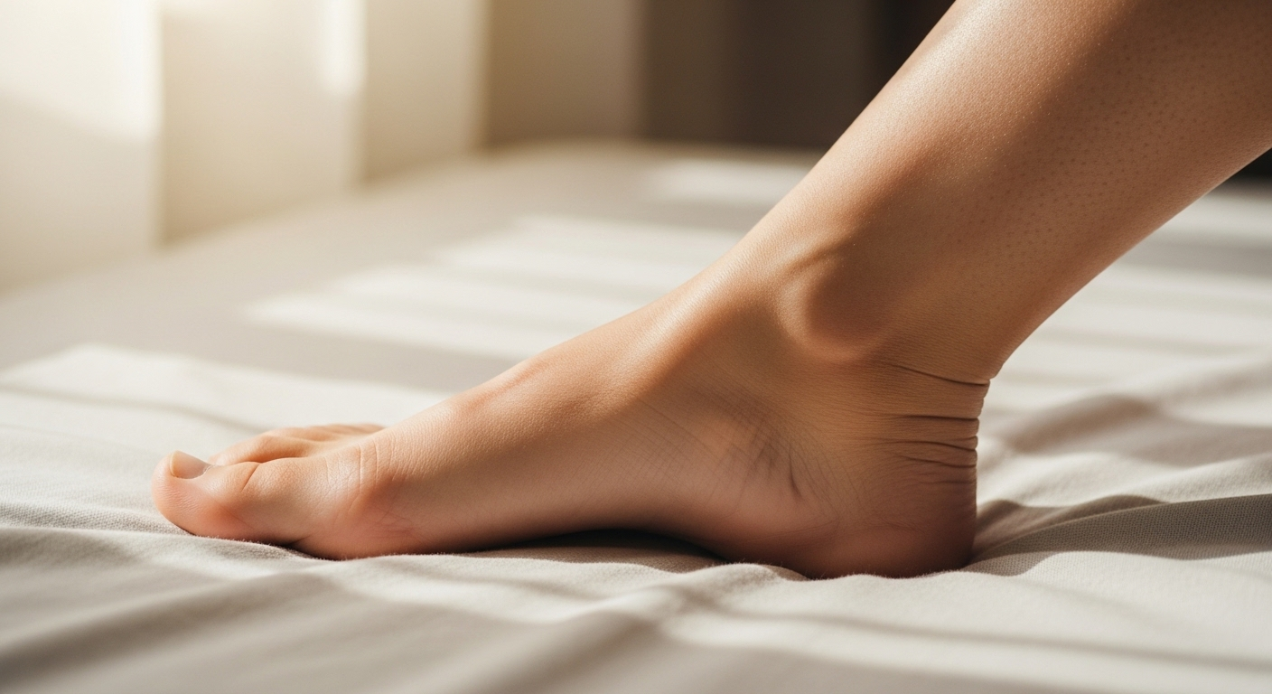 Mắt cá chân sưng nhẹ đặt trên vải mềm, minh họa triệu chứng phù nề có thể gặp trong quá trình phục hồi thận sau Covid-19.