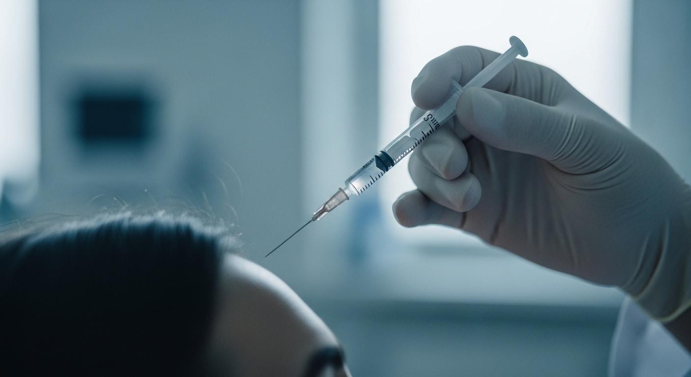 Cận cảnh tay chuyên gia y tế đeo găng chuẩn xác cầm kim tiêm, thực hiện liệu pháp tiêm botox giảm đau đầu mạn tính tại vùng thái dương của bệnh nhân trong phòng khám vô trùng.