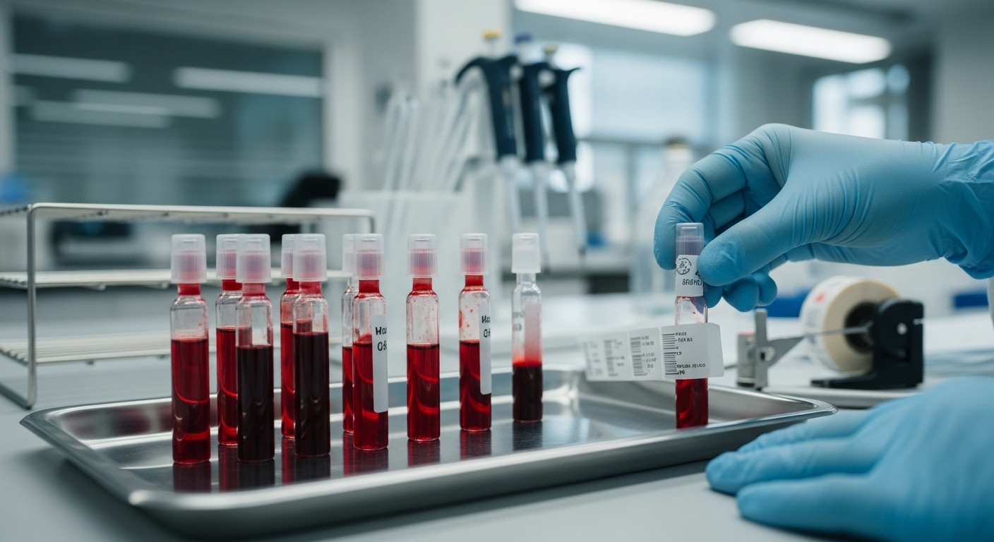 Các ống nghiệm chứa mẫu máu trên khay trong phòng xét nghiệm, sẵn sàng cho phân tích để sàng lọc và chẩn đoán các bệnh nguy hiểm, bao gồm viêm gan B gây ung thư gan.