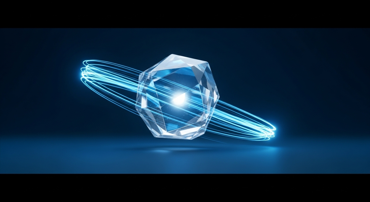 Ánh sáng xanh lấp lánh, di chuyển chính xác và linh hoạt quanh cấu trúc tinh thể trong mờ, minh họa công nghệ tiên tiến trong xạ trị ung thư hạch bạch huyết.