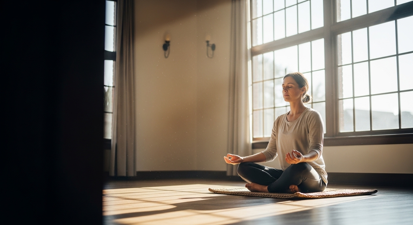 Thiền định thư thái trong căn phòng tràn ngập ánh sáng tự nhiên buổi sáng, gợi ý phương pháp kiểm soát và giảm tăng đường huyết buổi sáng hiệu quả.