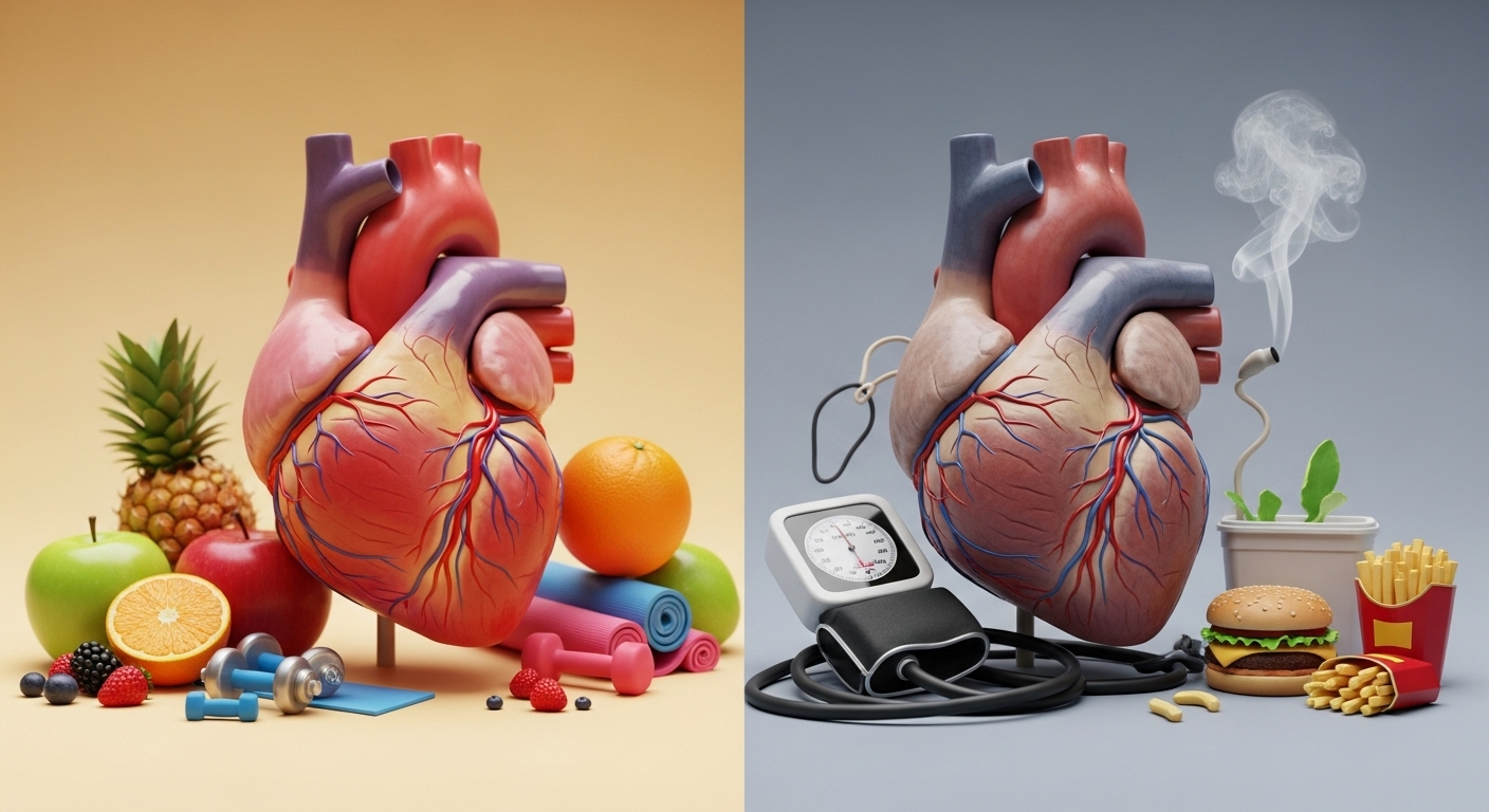 một trái tim khỏe mạnh với trái cây, tập thể dục, và một trái tim có nguy cơ nhồi máu cơ tim cao, minh họa bởi thực phẩm không lành mạnh, huyết áp kế, khói thuốc.