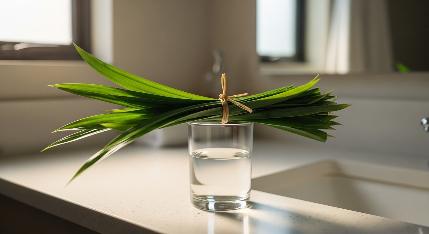 Bó lá dứa tươi đặt trong ly thủy tinh trên bàn nhà vệ sinh, gợi ý cách xử lý mùi hôi nhà vệ sinh tự nhiên và hiệu quả.