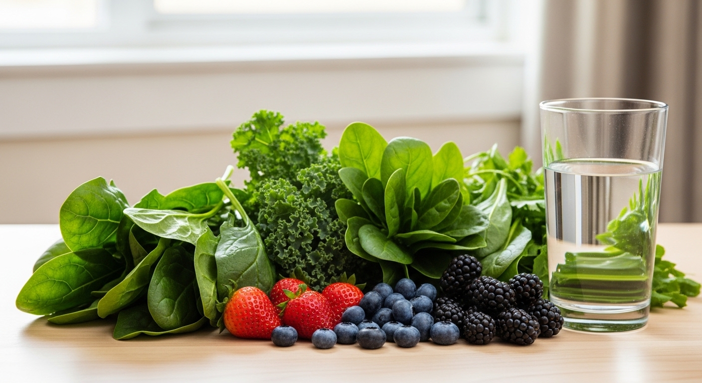 Rau xanh tươi, quả mọng nhiều màu sắc và ly nước trong trên bàn gỗ sáng, minh họa chế độ ăn uống lành mạnh hỗ trợ phòng ngừa dấu hiệu bệnh thận giai đoạn muộn.