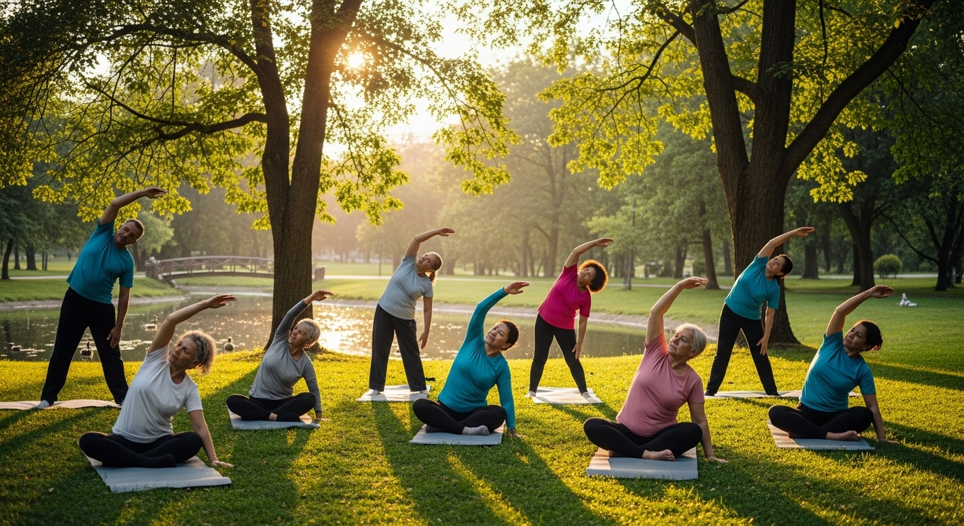 Người già tập thể dục giãn cơ nhẹ nhàng ngoài trời trong công viên thanh bình, hoạt động điển hình tại điểm chăm sóc người già ban ngày. Người già tập thể dục giãn cơ nhẹ nhàng ngoài trời trong công viên thanh bình, hoạt động điển hình tại điểm chăm sóc người già ban ngày.