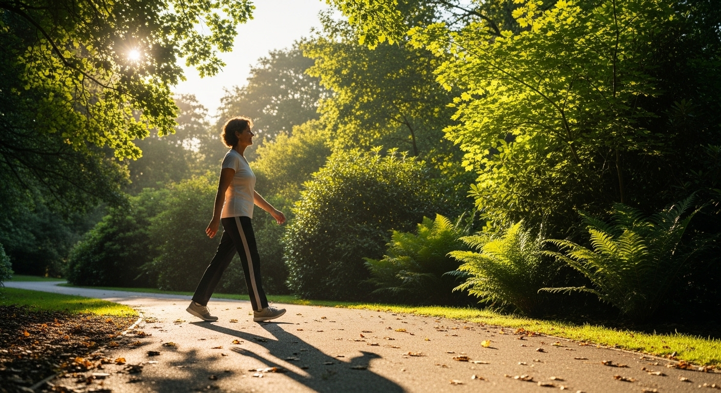 Người trung niên khỏe mạnh, tràn đầy sức sống đi dạo trong công viên xanh dưới nắng chiều, minh chứng cho hiệu quả của các tiến bộ y học như ghép tạng domino.