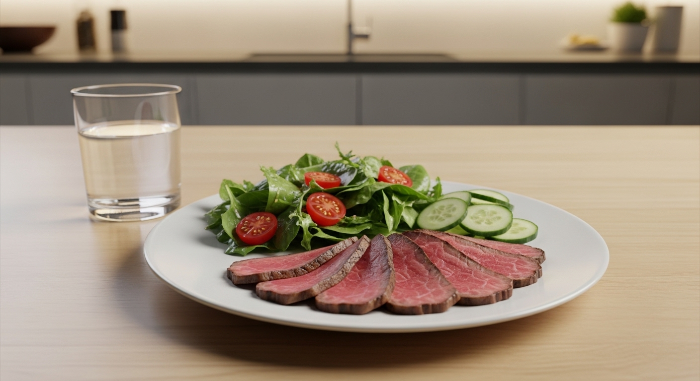 Bữa ăn healthy với thịt bò nạc nướng, salad rau củ tươi và nước lọc, lý tưởng cho thử thách giảm cân.