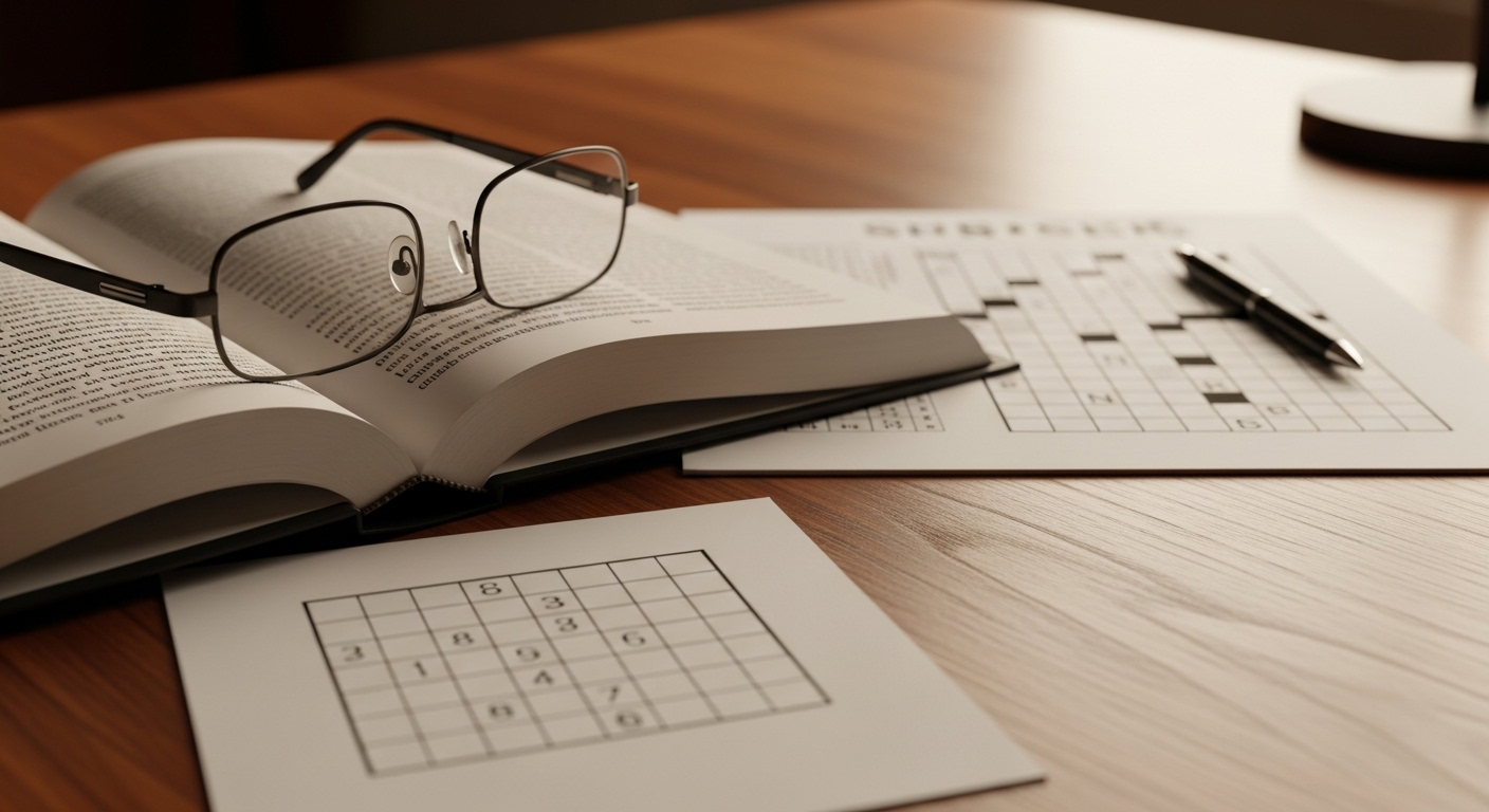 Sách mở với kính đọc, ô chữ và sudoku đặt trên bàn gỗ – những thói quen giúp minh mẫn khi về già qua việc đọc và giải đố.