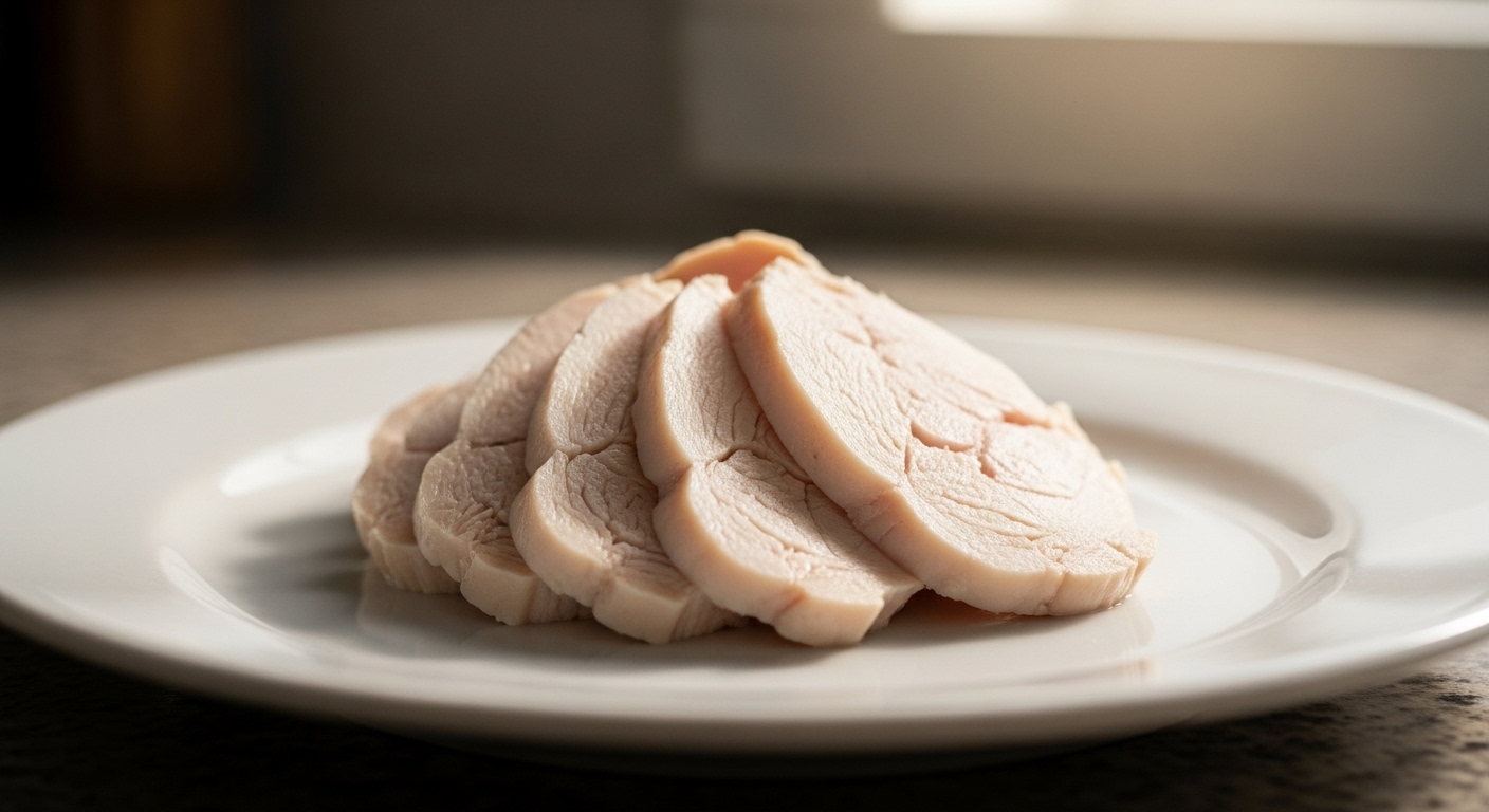 Phần ức gà luộc thái lát thanh đạm trên đĩa trắng, gợi ý cho thực đơn giảm cân Lưu Diệc Phi hiệu quả.