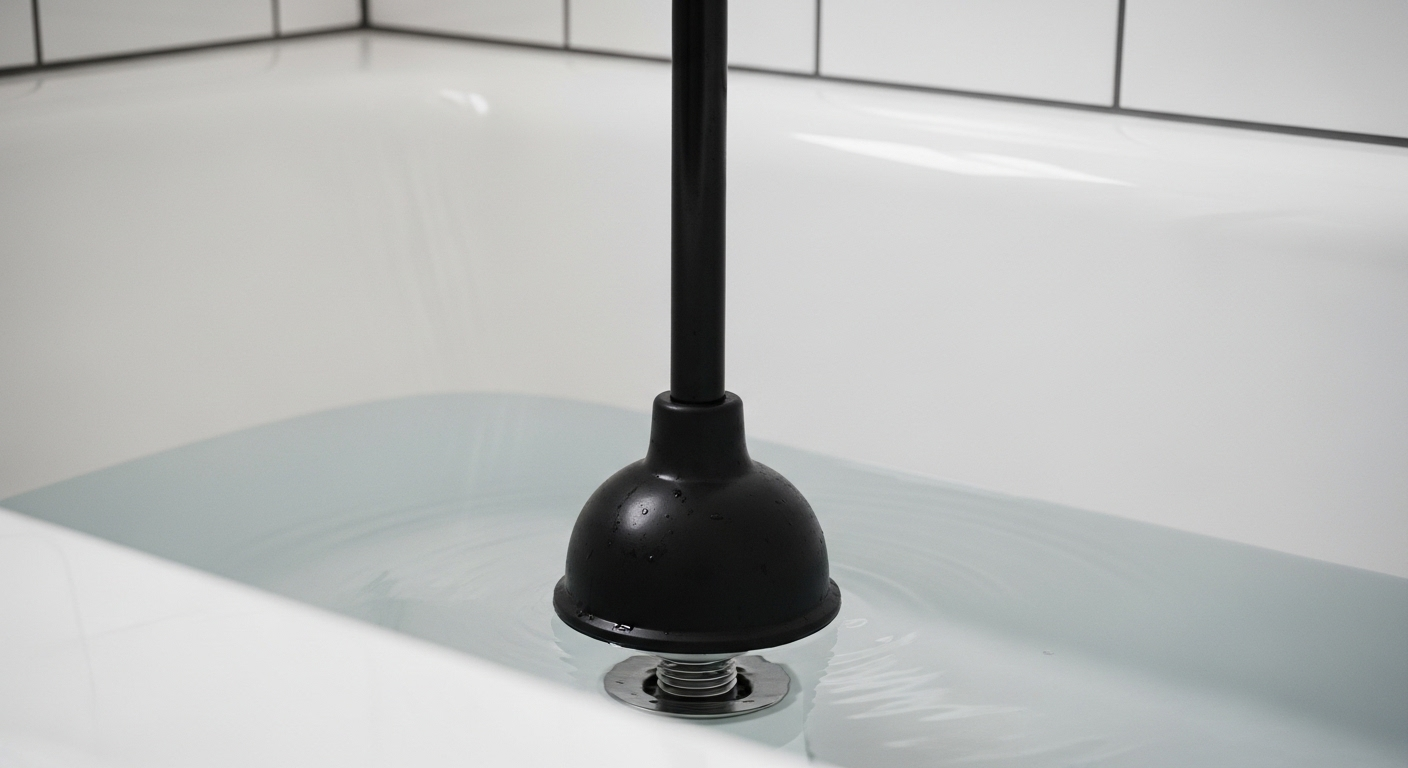 Pít-tông cao su đang được sử dụng để thông lỗ thoát nước bồn tắm ngập nước nhẹ, minh họa cách thông cống nghẹt hiệu quả trong phòng tắm sạch sẽ. Pít-tông cao su đang được sử dụng để thông lỗ thoát nước bồn tắm ngập nước nhẹ, minh họa cách thông cống nghẹt hiệu quả trong phòng tắm sạch sẽ.