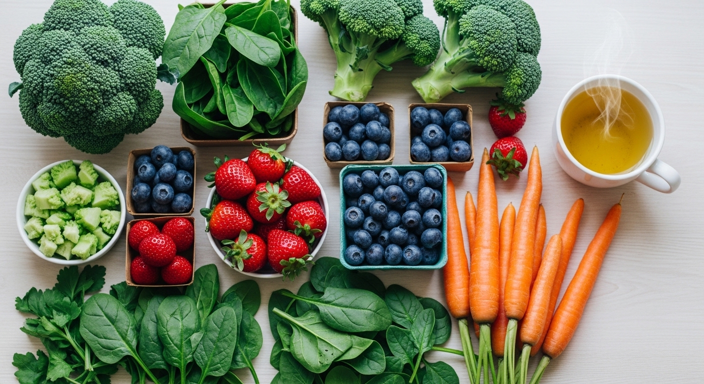 Tuyển chọn rau củ quả tươi ngon đầy màu sắc (bông cải xanh, dâu tây, việt quất, cà rốt) và ly trà xanh, minh họa cách ăn để giảm mỡ máu hiệu quả.
