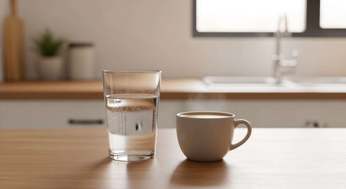 Ly nước trong cạnh tách cà phê nâu nhạt trên bàn bếp sạch. Hình ảnh gợi ý cách thưởng thức cà phê và hệ tiêu hóa khỏe mạnh.