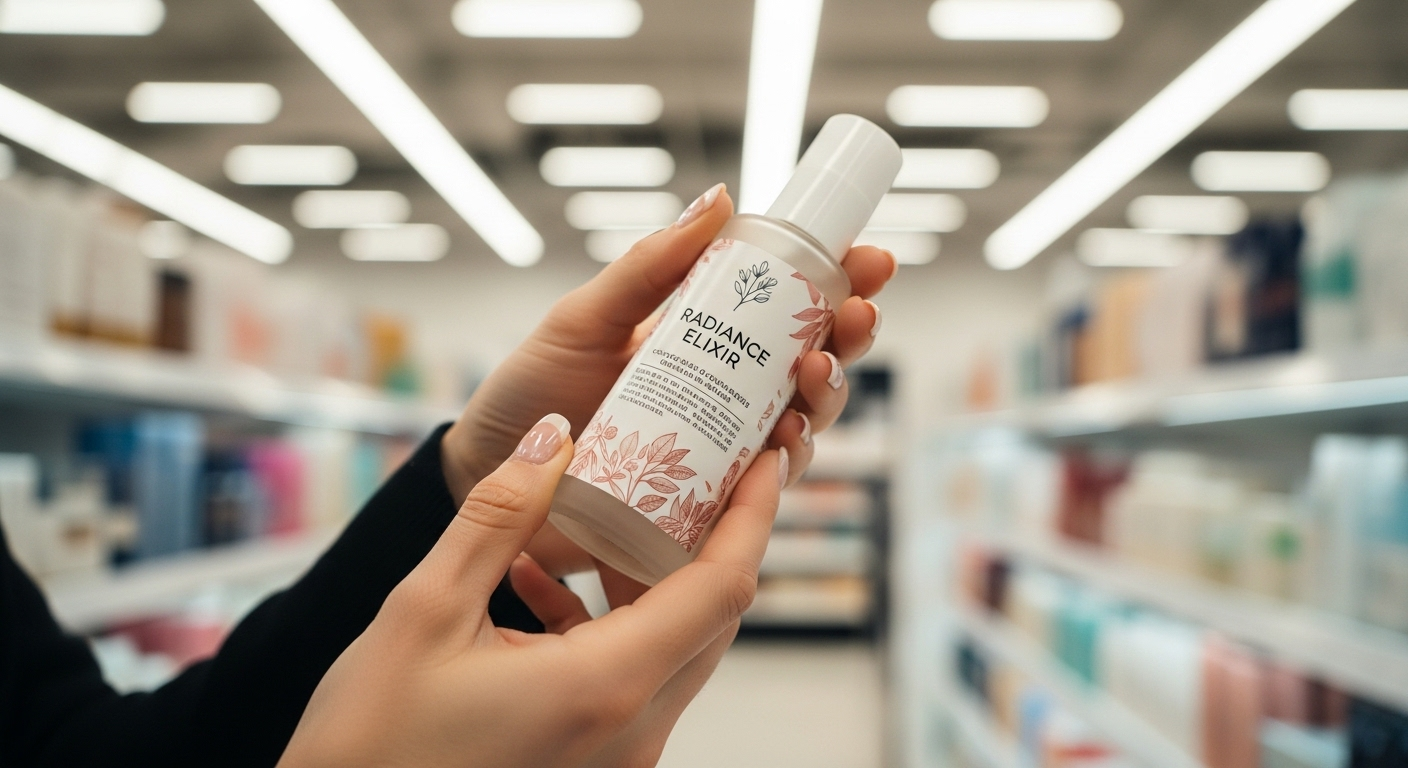 Tay người tiêu dùng cẩn thận xem xét nhãn và thành phần chai sản phẩm mỹ phẩm tại cửa hàng, đặc biệt lưu ý thông tin sau các đợt thu hồi nước rửa tay.