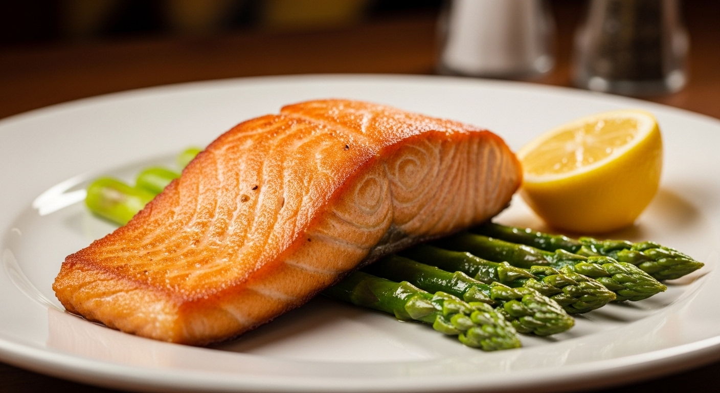 Phi lê cá hồi áp chảo hoàn hảo cùng măng tây hấp và chanh, một thực phẩm giàu vitamin A và dinh dưỡng cho bữa ăn lành mạnh.