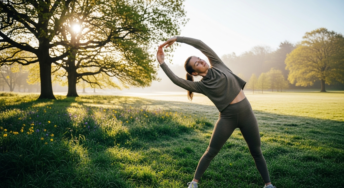 Người tập giãn cơ nhẹ nhàng trong công viên buổi sớm, thể hiện lối sống lành mạnh giúp cải thiện giấc ngủ và hỗ trợ người bị ngưng thở khi ngủ.