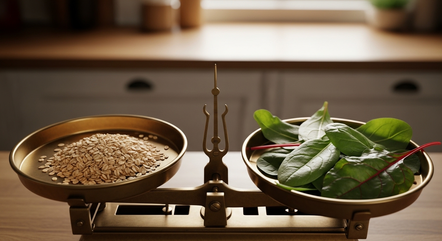 Cân đồng cổ với yến mạch và lá xanh, biểu tượng cân bằng dinh dưỡng trong nhà bếp ấm cúng. Gợi ý về tầm quan trọng của việc lựa chọn thực phẩm lành mạnh, bao gồm cả việc tìm hiểu Sữa bột dành cho người tiểu đường loại nào tốt để duy trì sức khỏe tối ưu.