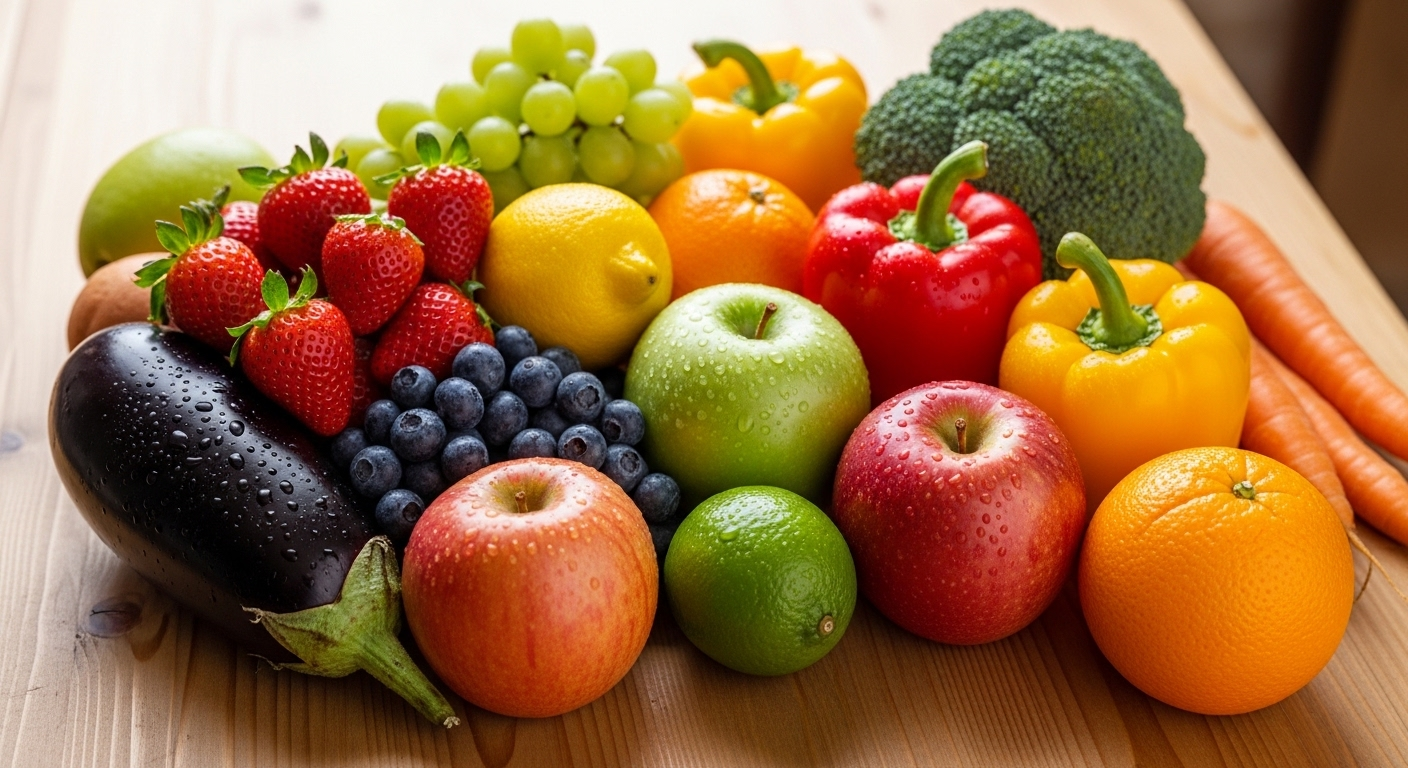 Bộ sưu tập rau củ quả tươi ngon, đầy màu sắc trên bàn gỗ, thể hiện dinh dưỡng lành mạnh giúp tăng cường sức khỏe và phòng bệnh, đồng thời nhắc nhở về tầm quan trọng của việc chụp Xquang tầm soát ung thư vú.