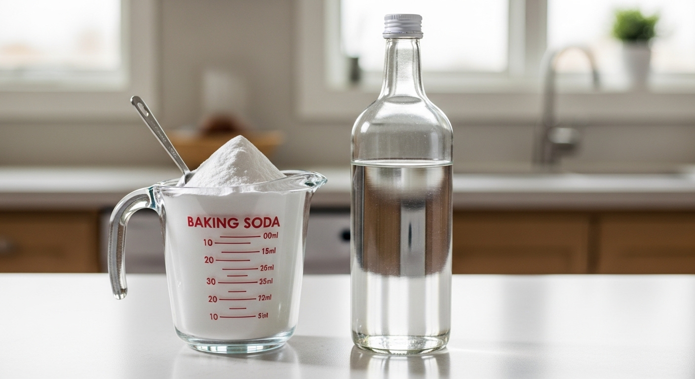 Baking soda và giấm trên mặt bàn bếp, những nguyên liệu tự nhiên quen thuộc để thực hiện cách thông bồn cầu bị tắc giấy vệ sinh an toàn và hiệu quả.