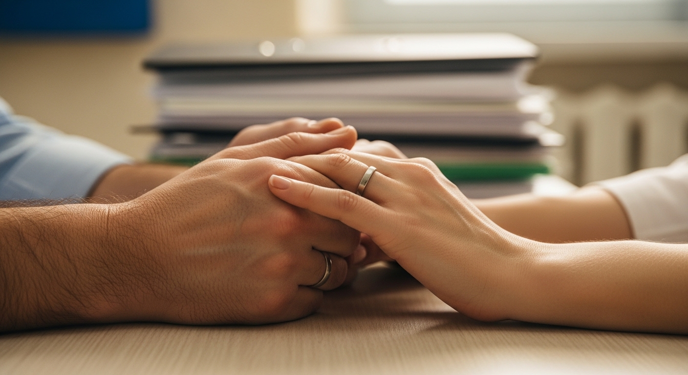 Cận cảnh đôi tay nam nữ nắm chặt trên bàn gỗ, phía sau là tài liệu y tế, tượng trưng cho sự đồng hành cùng nhau vượt qua thách thức về u bì buồng trứng khó đậu thai.