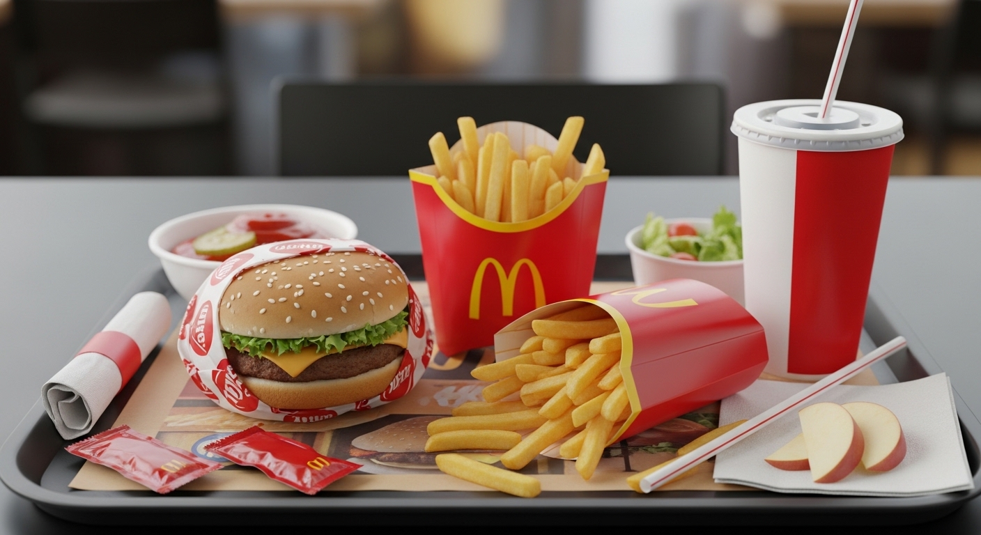 Bữa ăn nhanh gồm hamburger, khoai tây chiên và nước ngọt trên khay, điển hình cho sai lầm ăn uống người tiểu đường hại thận.