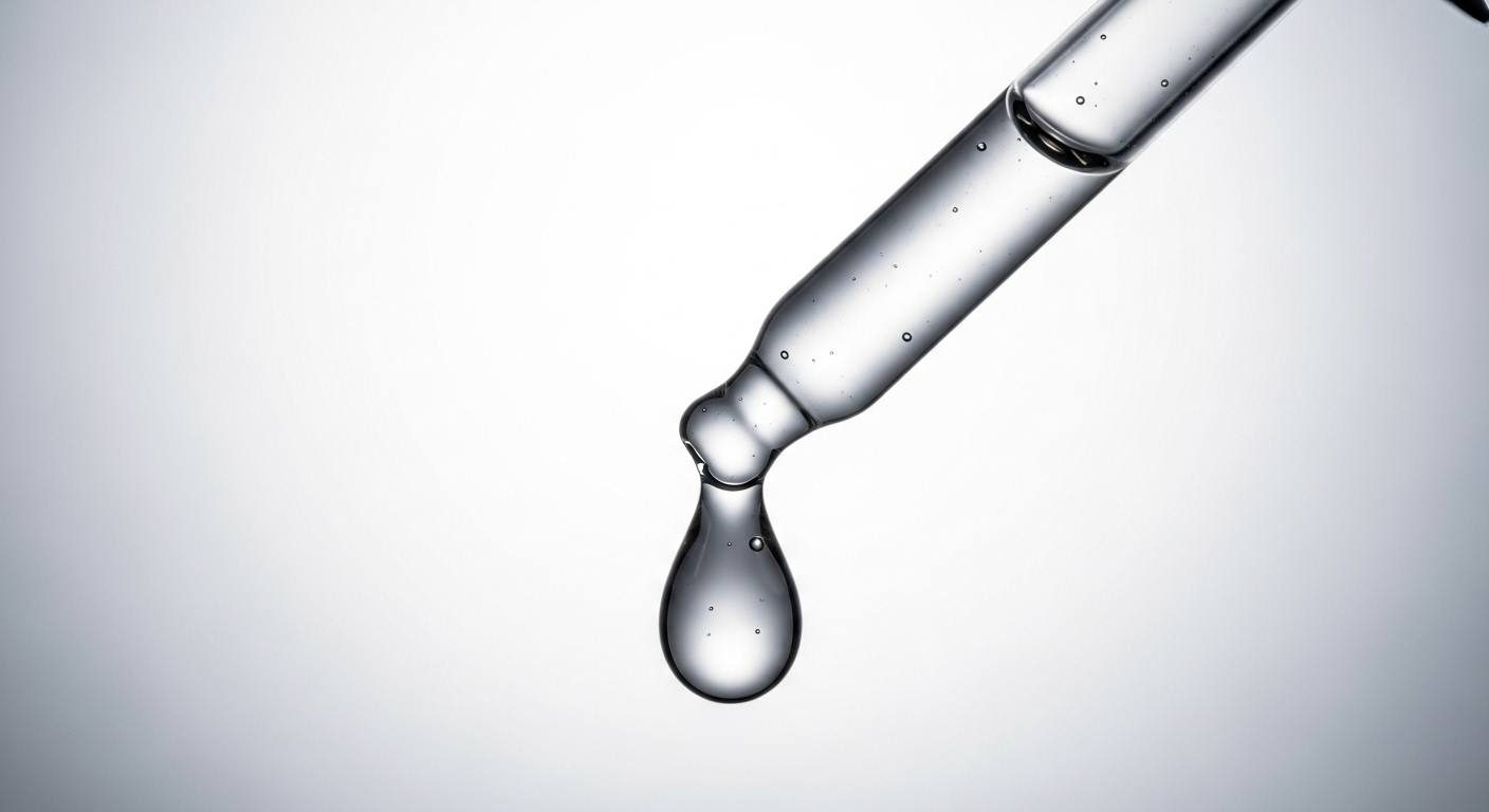 Giọt tinh chất hyaluronic acid trong suốt trên đầu ống nhỏ giọt, dưỡng chất thiết yếu hỗ trợ điều trị sạm nám hiệu quả.