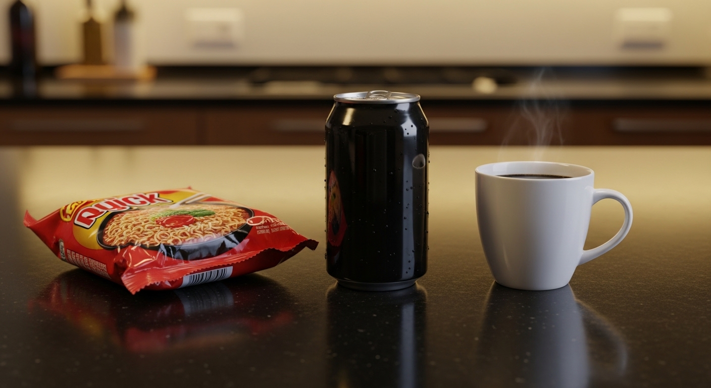 Mì gói, nước ngọt có ga và cà phê đen trên bàn bếp – những thực phẩm và đồ uống thường được quan tâm khi tìm hiểu viêm teo niêm mạc dạ dày kiêng gì. Mì gói, nước ngọt có ga và cà phê đen trên bàn bếp – những thực phẩm và đồ uống thường được quan tâm khi tìm hiểu viêm teo niêm mạc dạ dày kiêng gì.