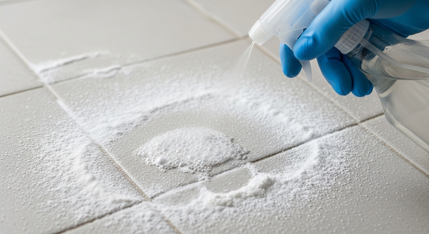 Cận cảnh bột baking soda và giấm sủi bọt trên gạch sàn nhà tắm, minh họa cách tẩy sàn nhà vệ sinh bị ố vàng hiệu quả bằng phương pháp tự nhiên.