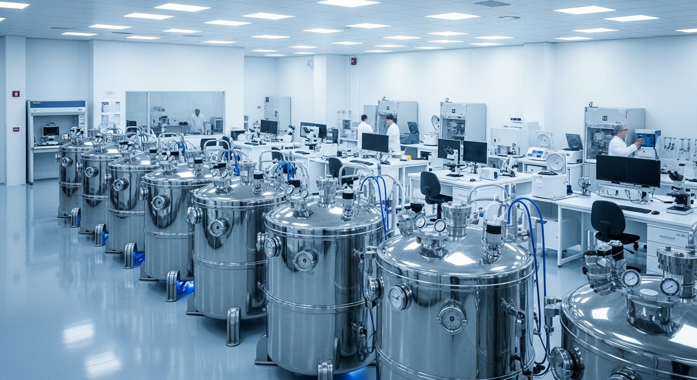 Toàn cảnh phòng thí nghiệm hiện đại, vô trùng với hàng bồn cryo nitơ lỏng hình trụ bạc dùng để trữ tế bào gốc con sơ sinh.