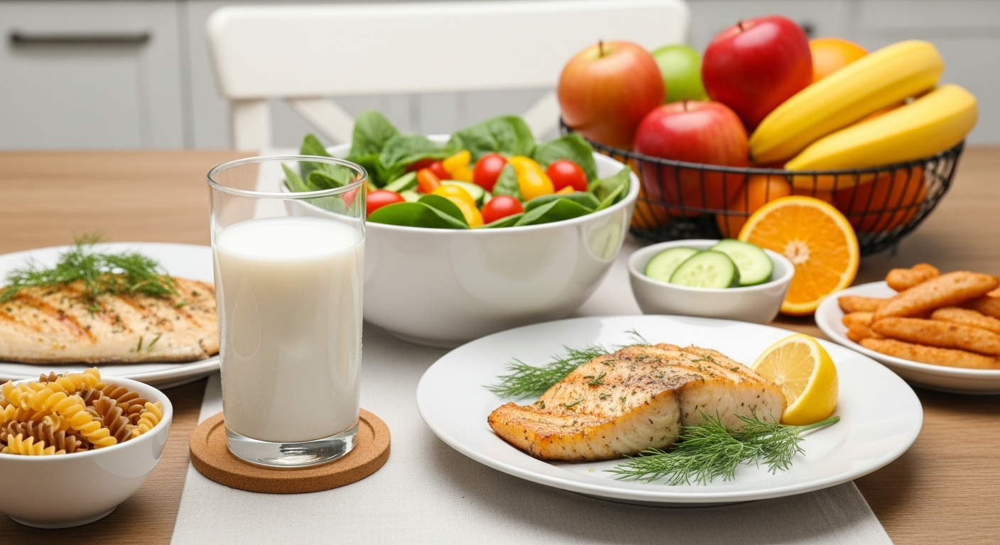 Bàn ăn đầy đủ dinh dưỡng với sữa, rau xanh, cá và trái cây, thiết yếu cho sự phát triển khỏe mạnh, giúp trẻ phát triển chiều cao tối ưu và ngăn ngừa tình trạng ngừng phát triển chiều cao.