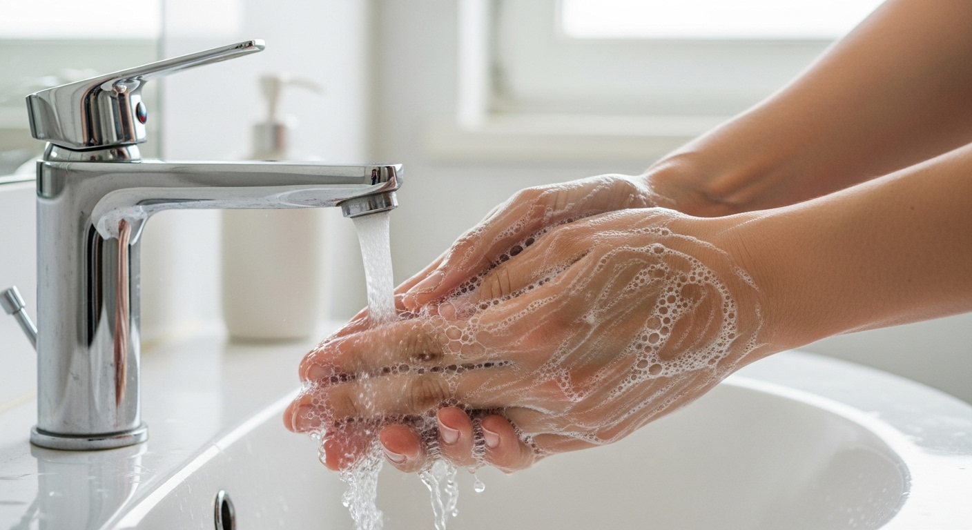 Cận cảnh đôi tay đang rửa kỹ bằng xà phòng dưới vòi nước chảy, bọt trắng xóa. Vệ sinh tay sạch sẽ là nền tảng cho sức khỏe toàn diện, hỗ trợ hoạt động tối ưu của não mô cầu.