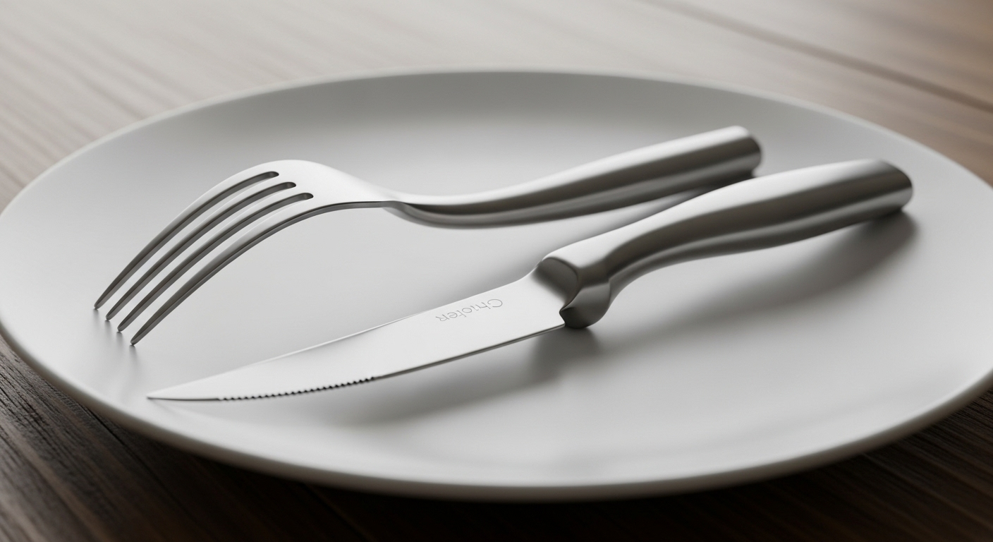 Cận cảnh bộ dụng cụ ăn uống thích nghi gồm dĩa cong và dao cán lớn, được thiết kế để hỗ trợ hiệu quả cho người gặp khó khăn do di chứng sau đột quỵ.