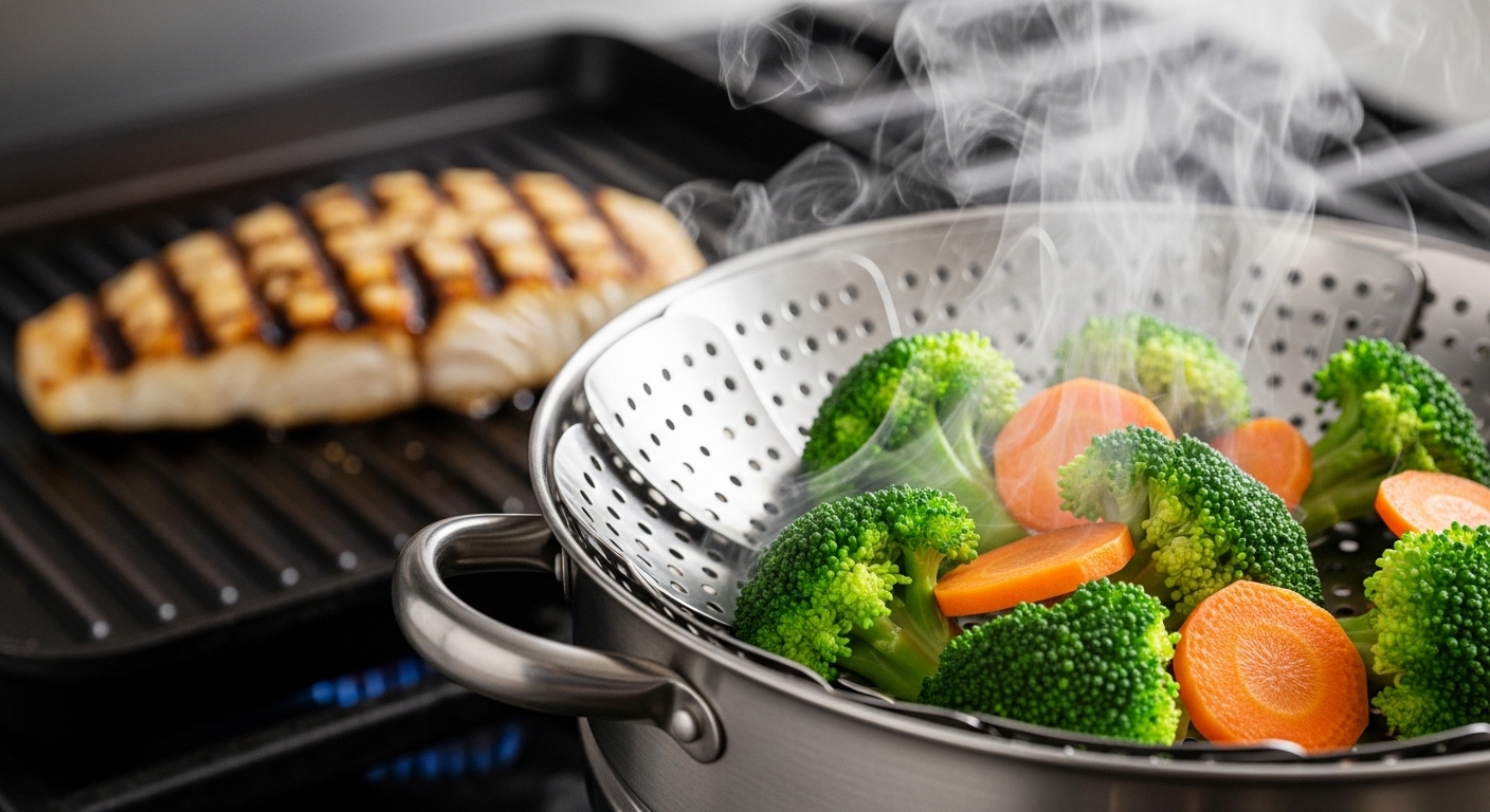 Hình ảnh bữa ăn nhẹ nhàng với bông cải xanh và cà rốt hấp bốc hơi, cá nướng ở hậu cảnh – minh họa lý tưởng cho chế độ ăn cho người bệnh gan.